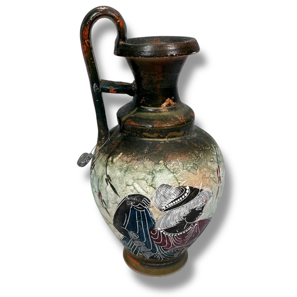 Vintage‎ Greek Amphora Handheld Jug Vase 8" Ceramic Pottery Painted Vessel